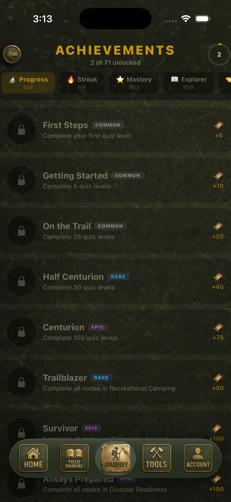 Gridless achievements page — 65 badges to unlock