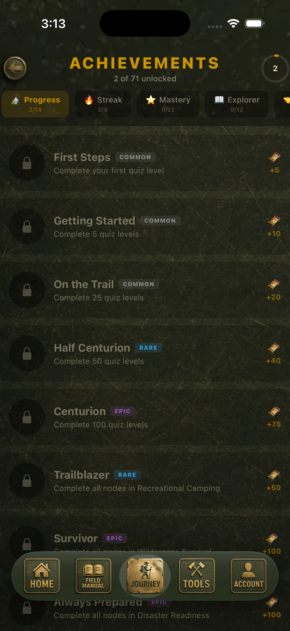 Gridless achievements page — 65 badges to unlock